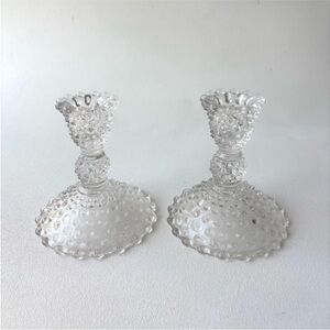 Hobnail pair of two clear glass candlestick holders vintage mid century modern